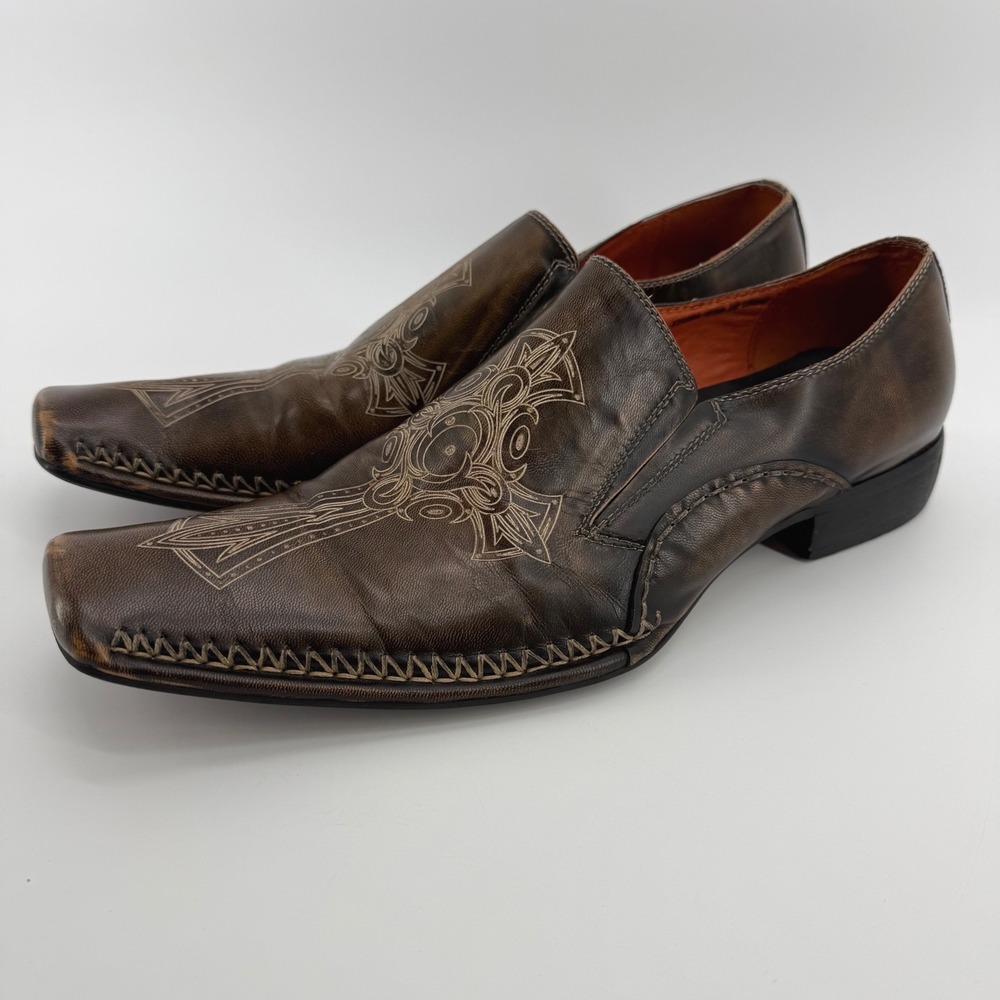 Robert Wayne Rome Mens 12 Brown Leather Gothic Cross Square Toe Loafers Shoes